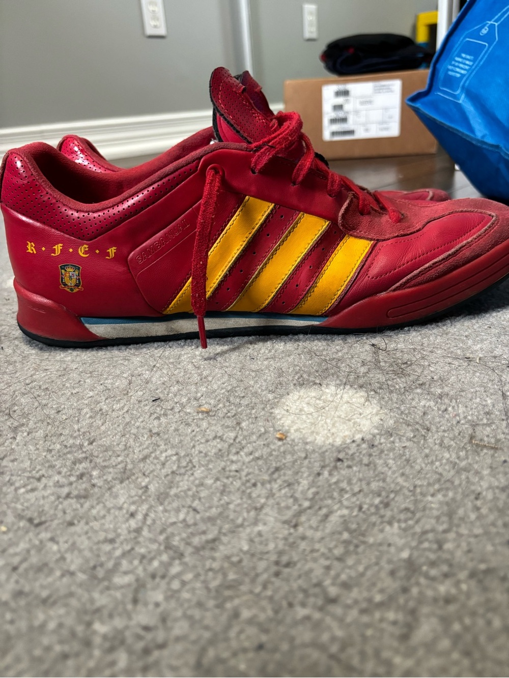 adidas Men’s Red Leather Sneakers with Yellow Three Stripes